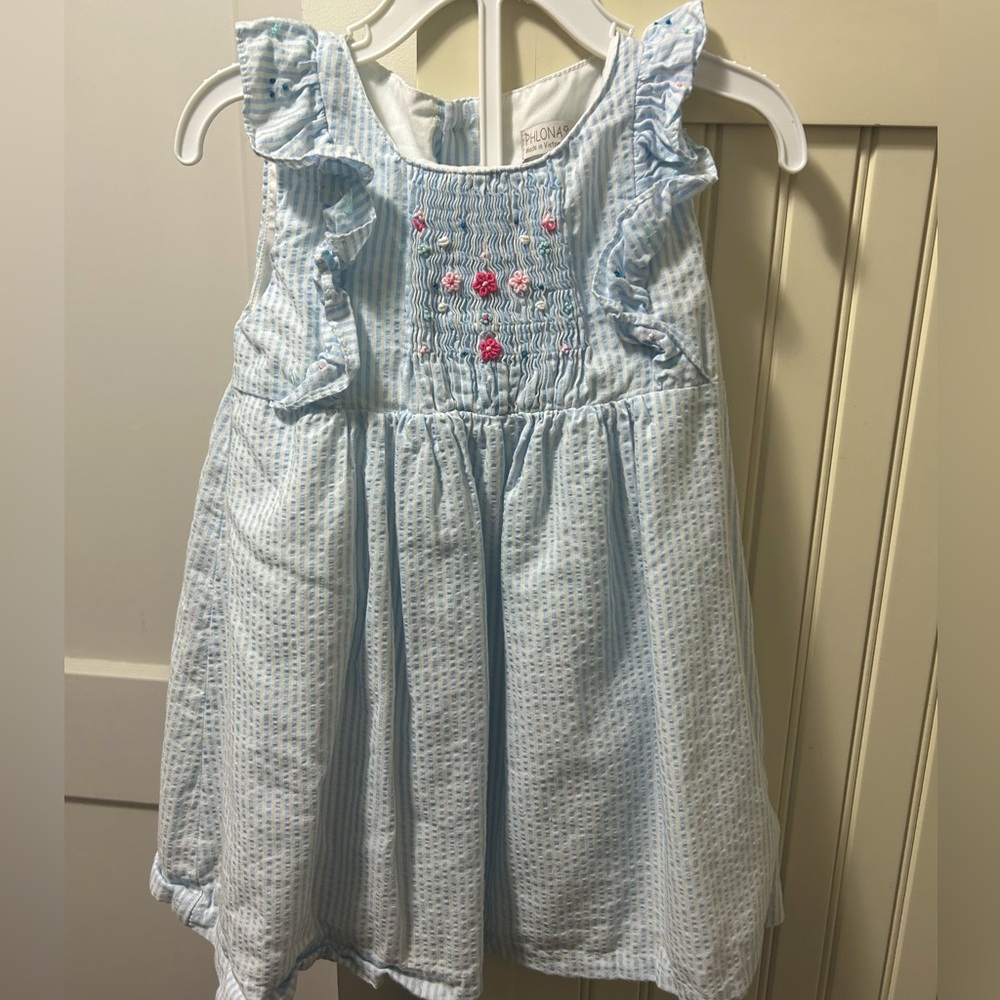 Blue and White Striped Dress with Floral Embroidery